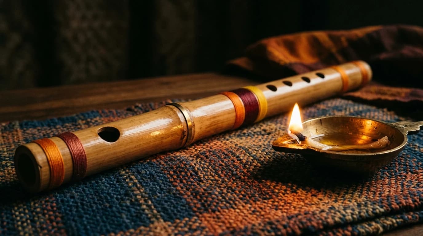 A traditional Indian bansuri bamboo flute resting on a hand-woven cloth beside a small brass oil lamp.