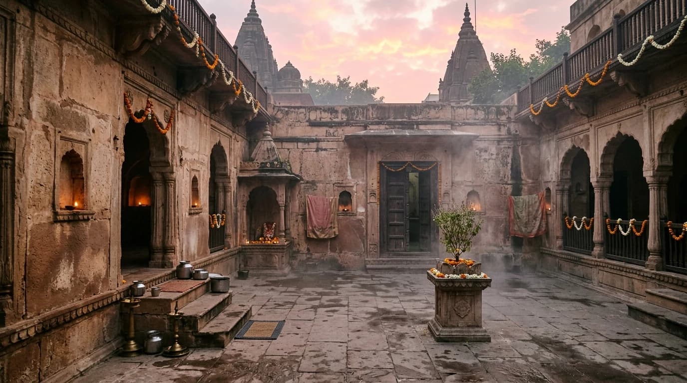 A Vrindavan courtyard at dawn, soft pink and gold sky, weathered sandstone walls, small marigold garlands hanging.