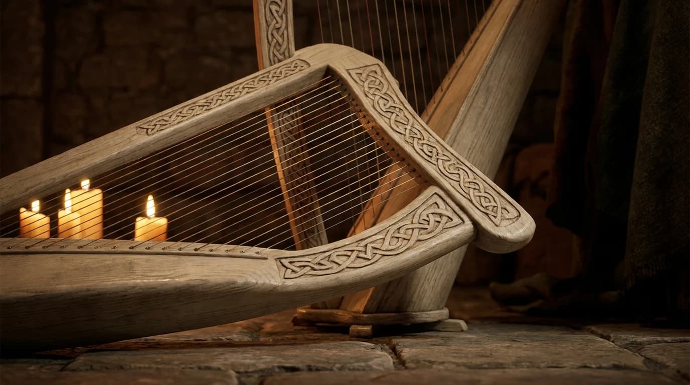 A traditional Celtic pedal harp, its carved wooden pillar catching warm candlelight.