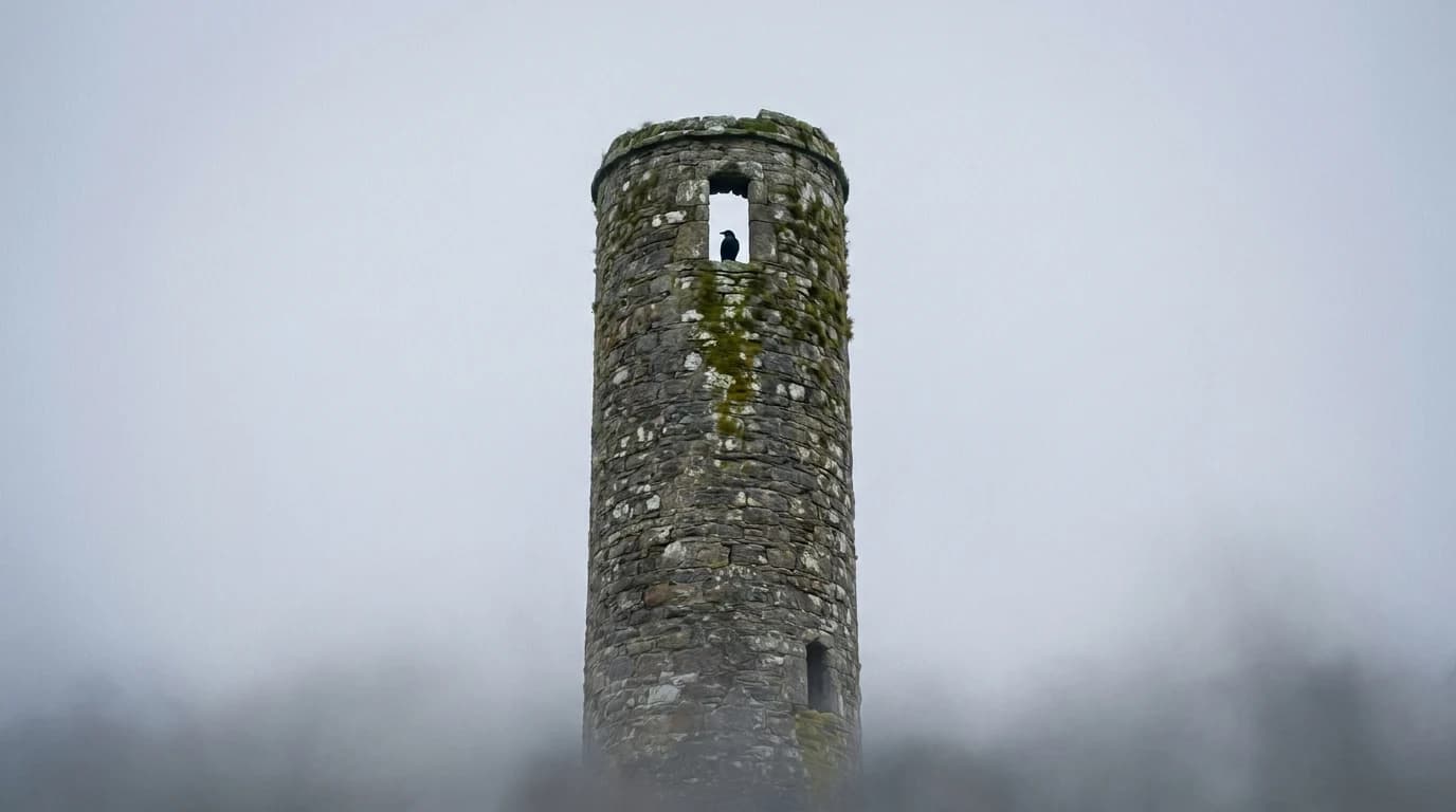 An ancient Irish round tower rising against a pale dawn sky.