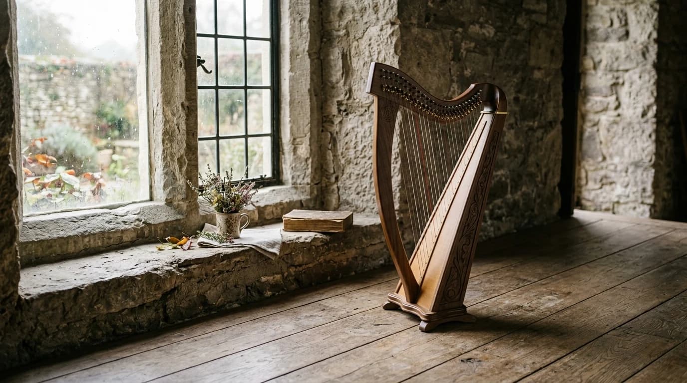 A small Celtic harp resting on a wooden floor beside a window letting in soft grey-pearl morning light.