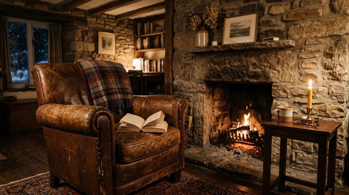 A worn leather reading chair beside a small stone fireplace with low warm flames, an open book resting on the armrest.