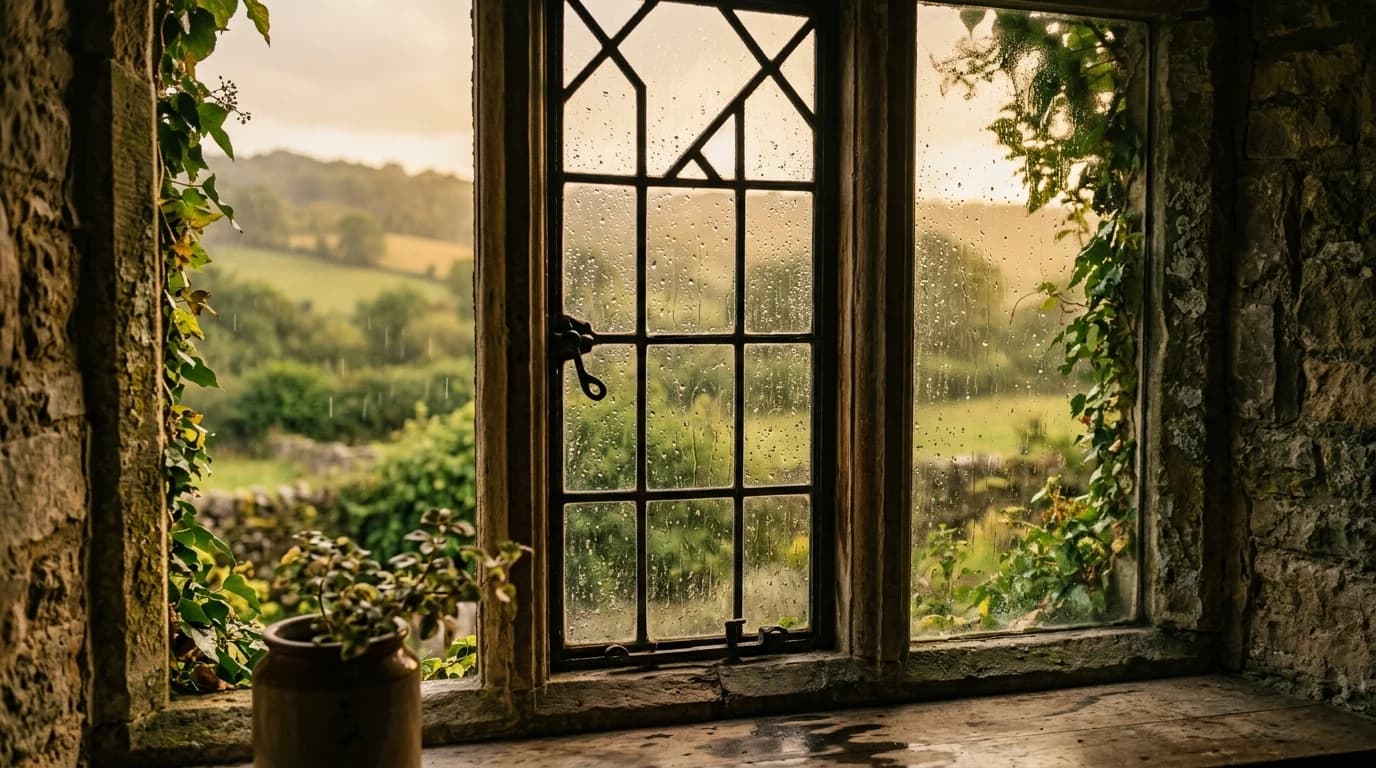 Soft rain on an old leaded glass window of a stone cottage at golden afternoon, blurred green hills visible through the glass.
