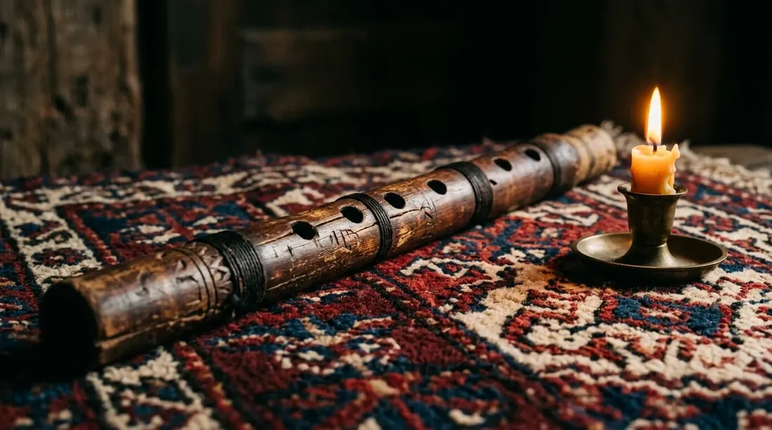 A weathered Armenian duduk resting on a handwoven wool rug beside a lit candle.