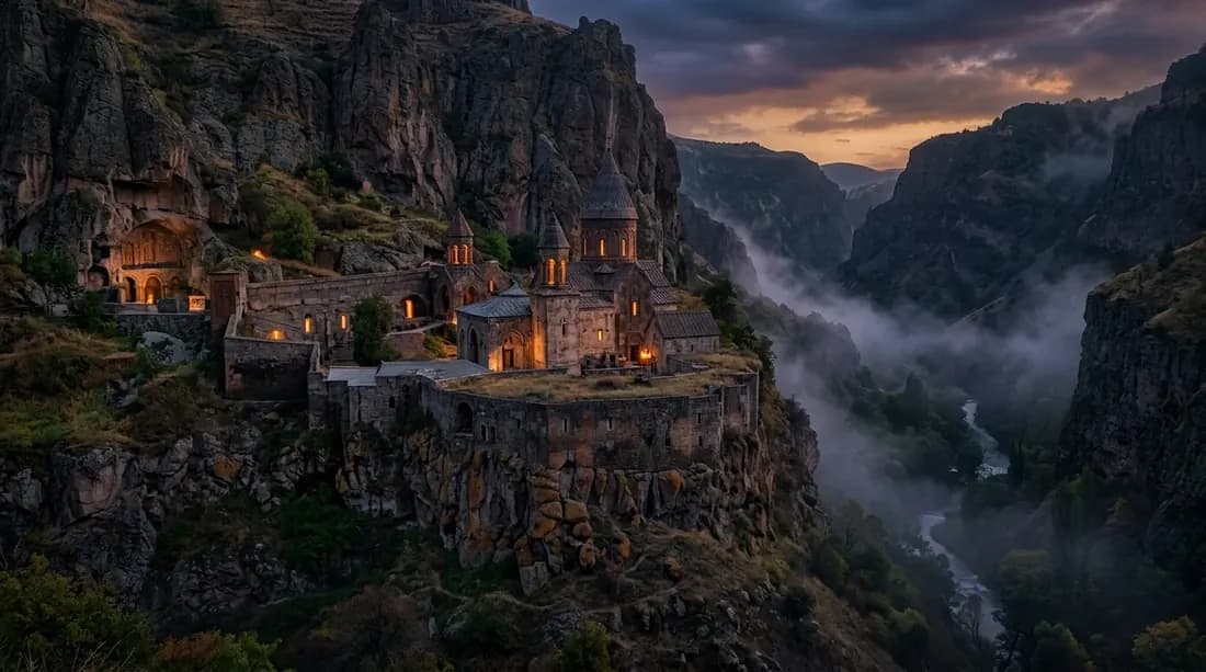 An ancient Armenian stone monastery carved into a cliff at twilight, warm glowing windows.