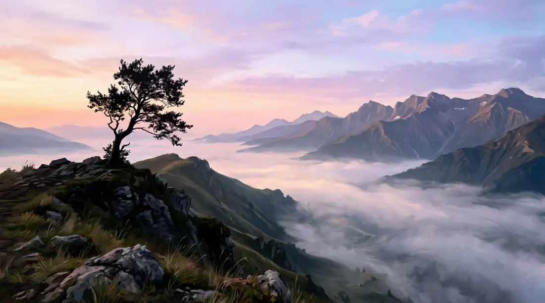 The Caucasus range at dawn, a lone tree silhouetted against a pastel sky.