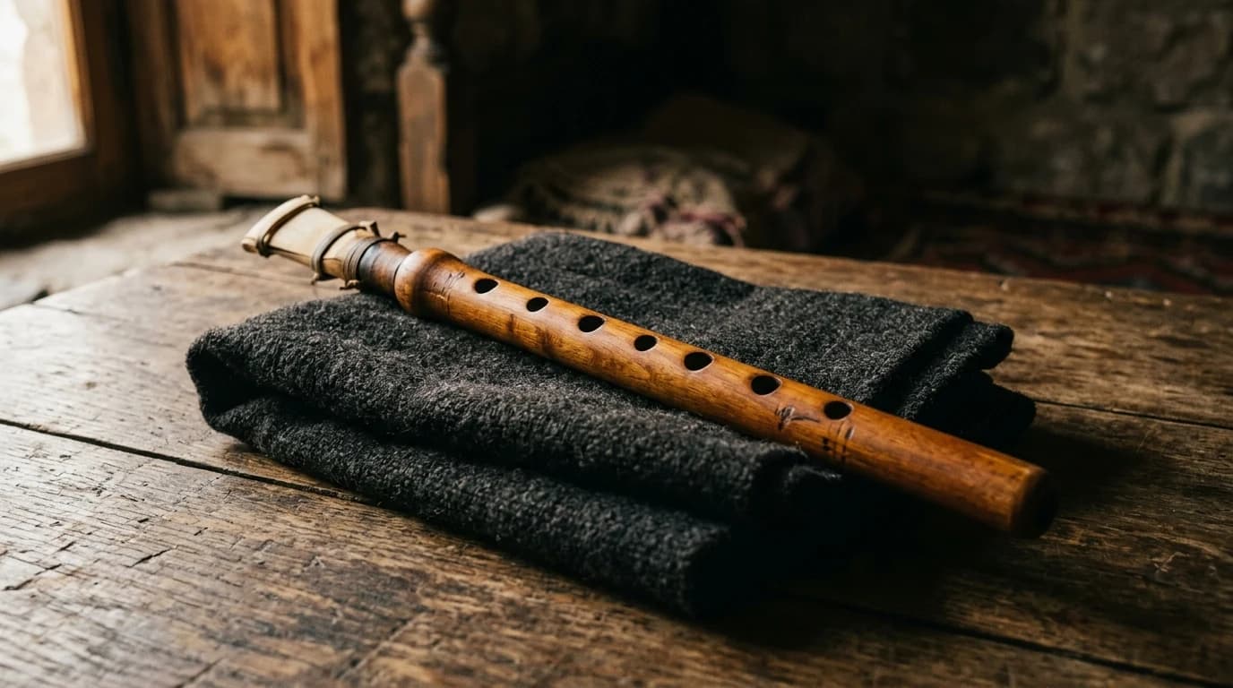 A single apricot-wood Armenian duduk resting on a folded dark wool cloth on an old wooden table, soft warm side-lighting.