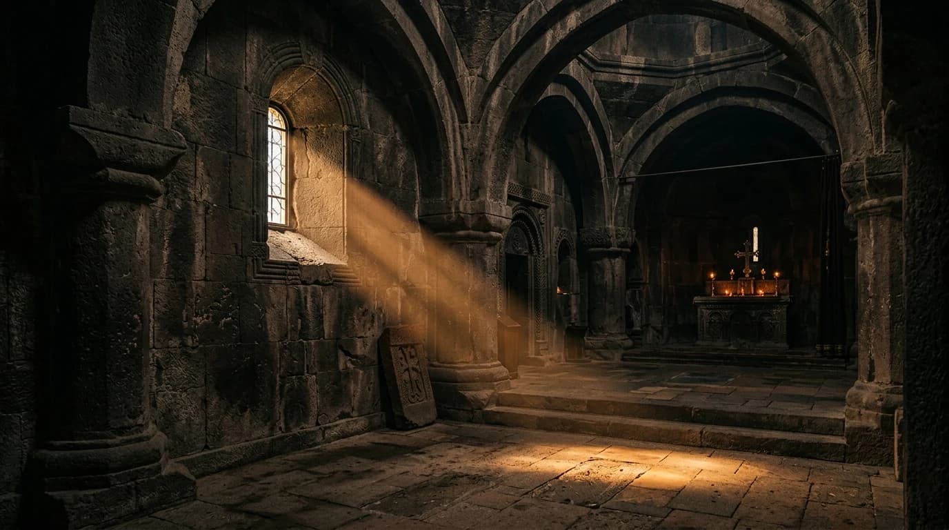 An ancient Armenian stone monastery interior at dusk with a single shaft of warm amber light from a narrow window.