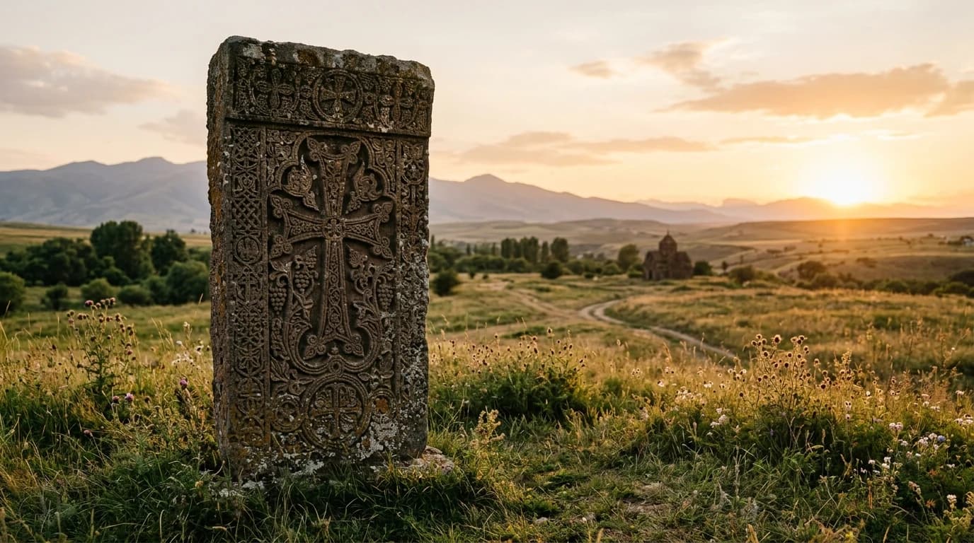 A weathered Armenian khachkar (carved stone cross-slab) in a quiet field at golden hour.