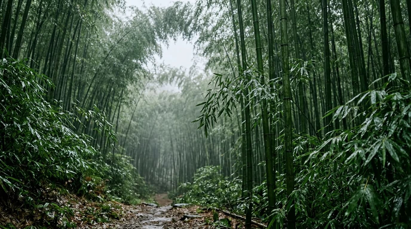 Bamboo grove in light rain at dusk, soft warm light catching wet leaves.
