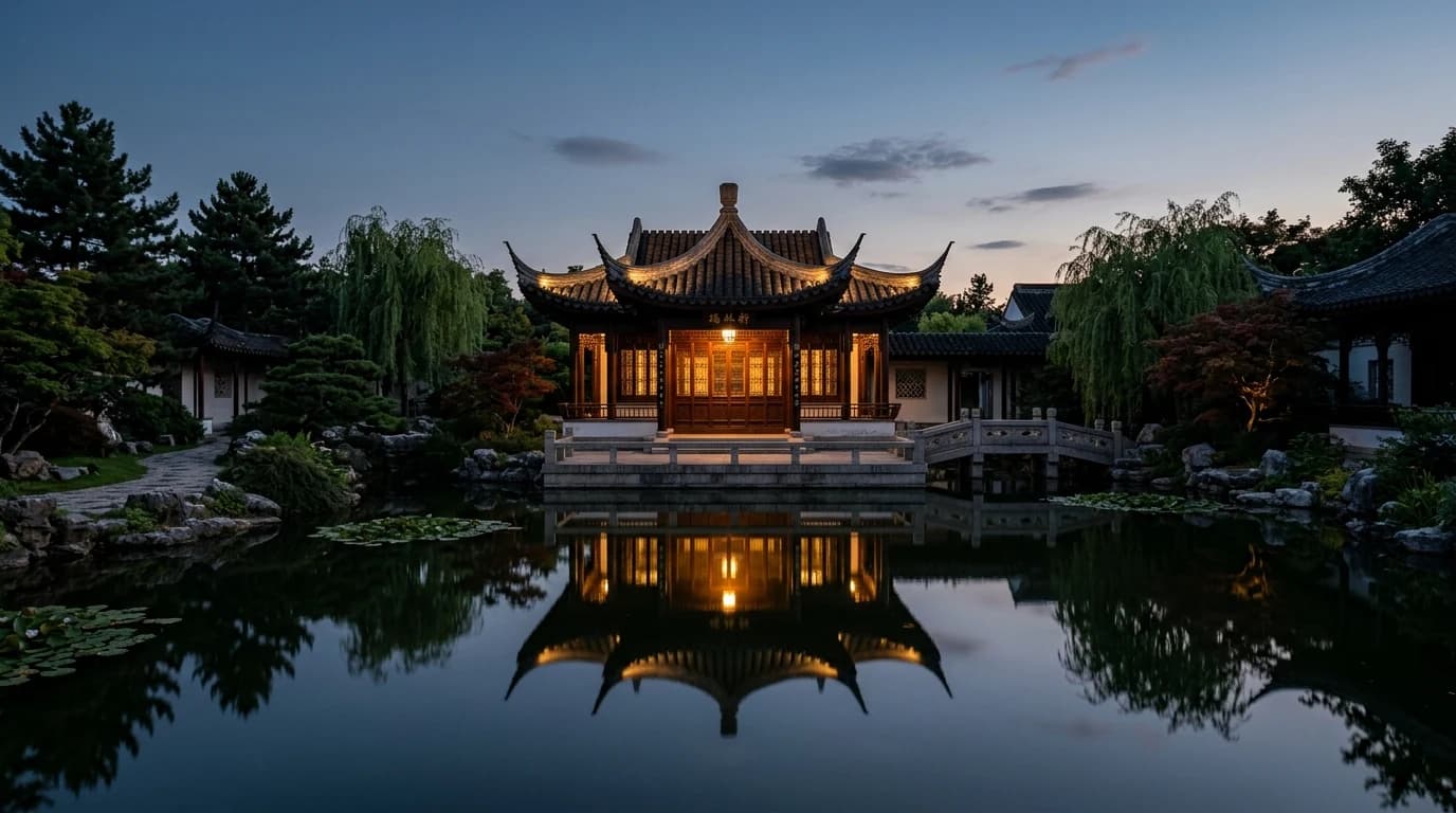 A traditional Chinese garden pavilion at twilight with upturned tile-roof corners reflected in a still pond.