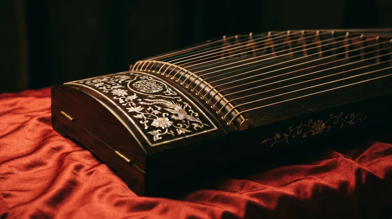 A close detail of a Chinese guzheng zither: twenty-one strings stretched over movable wooden bridges, warm lamplight.