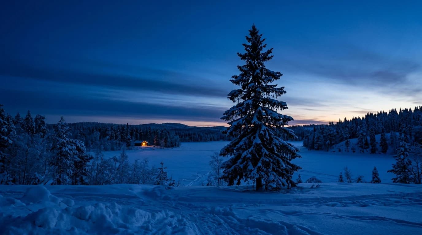 Nordic midwinter twilight blue hour over a snowy landscape, a single distant cabin light.