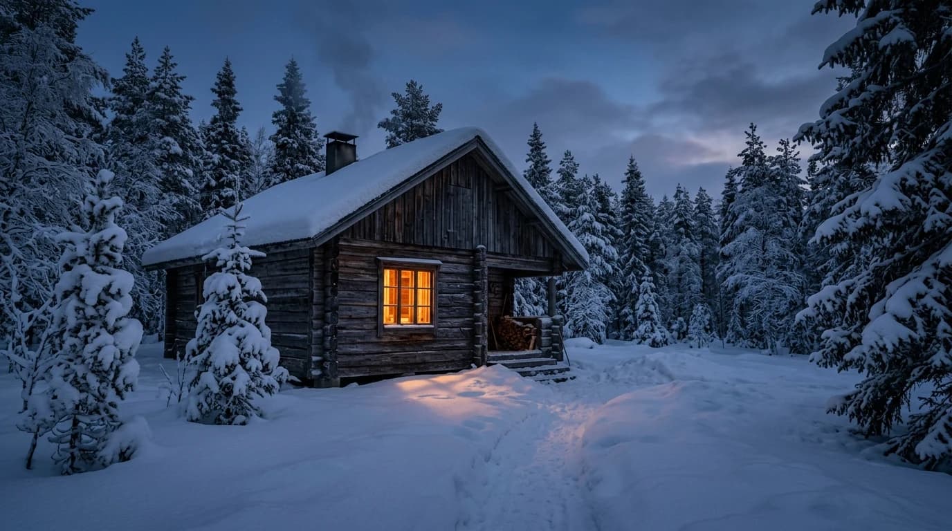 A small log cabin in deep snow at twilight, one warm window glowing from within.