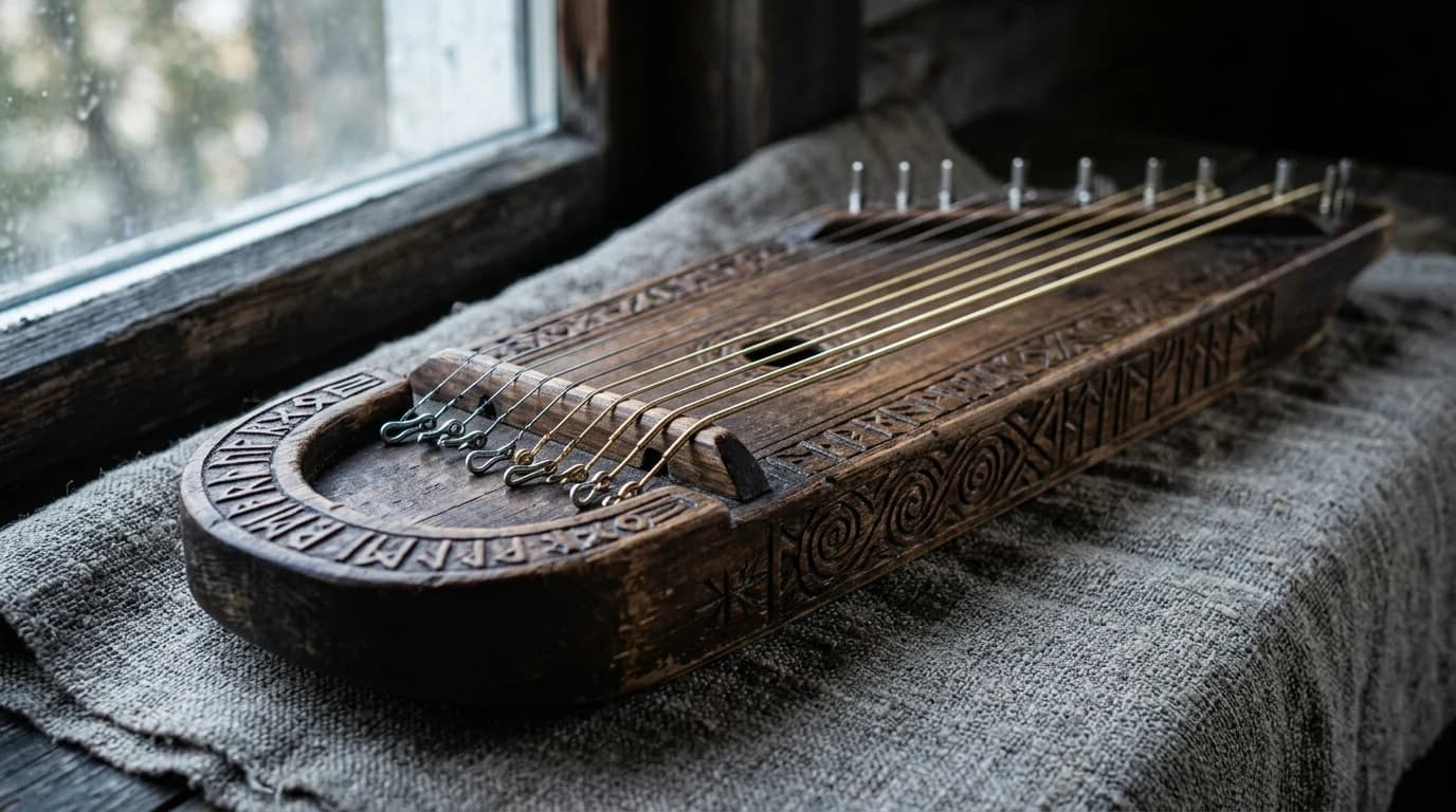 A traditional Finnish kantele resting on a wooden surface, its short strings catching cool window light.