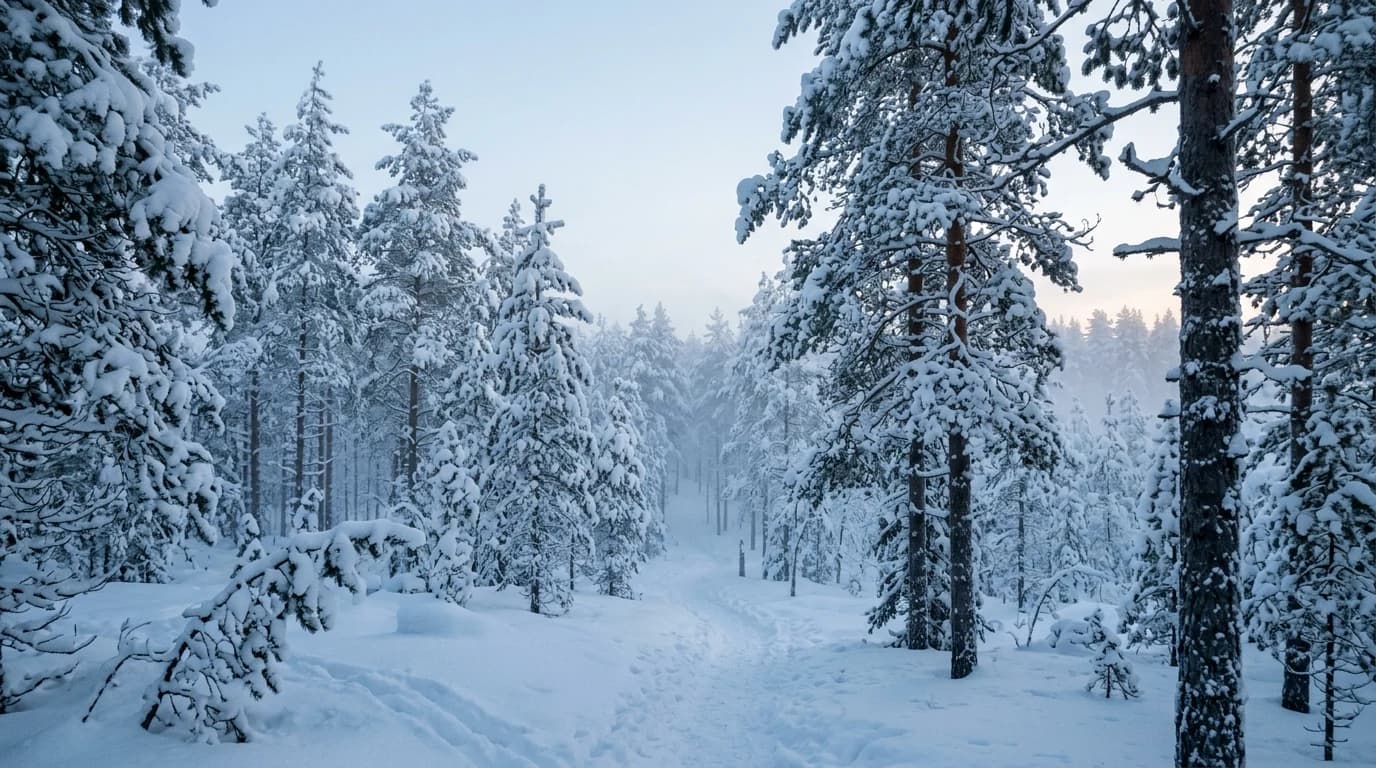 Snow-laden Finnish pine forest at dawn, soft pale blue light filtering between trees.