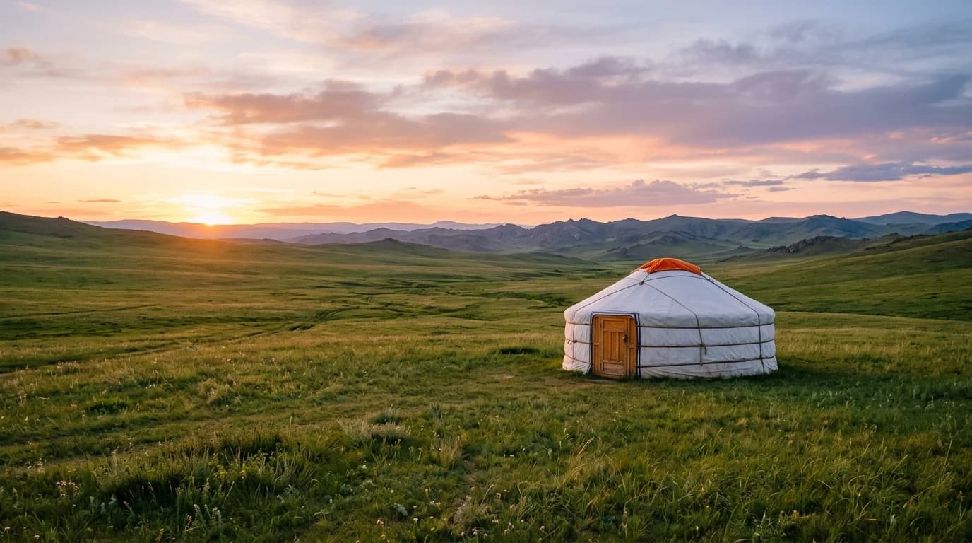 A single traditional white Mongolian ger (yurt) alone on a vast green steppe at evening.