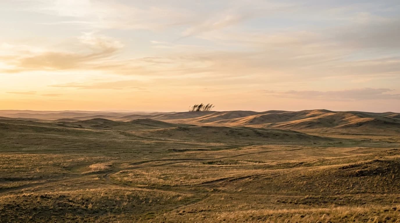 Vast open Mongolian steppe at golden hour, low rolling hills under a wide pale sky.