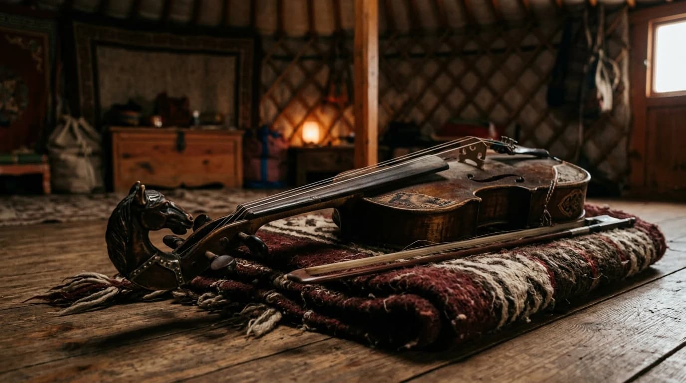 A close detail of a Mongolian morin khuur (horse-headed fiddle) resting on a folded wool blanket.