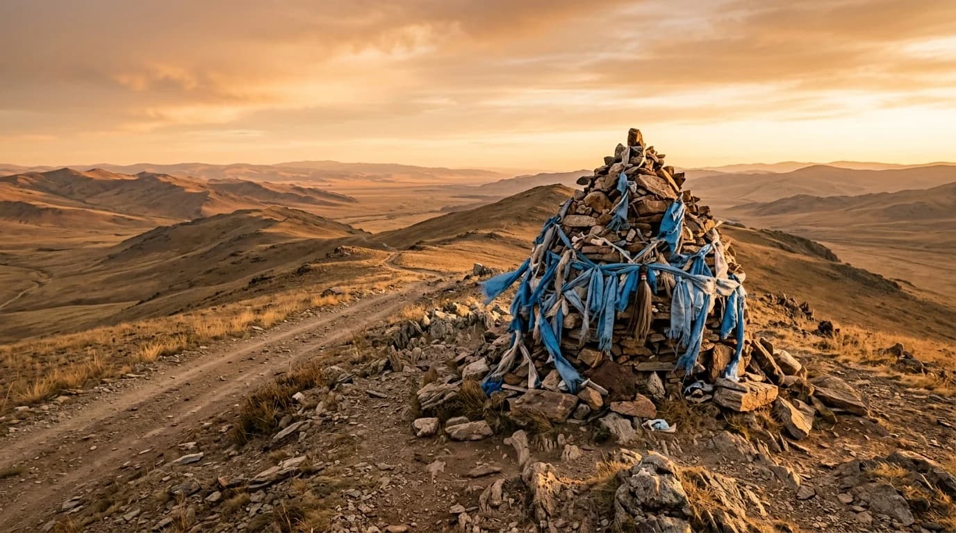 An old ovoo stone cairn marking a high pass on the open Mongolian steppe at golden hour.