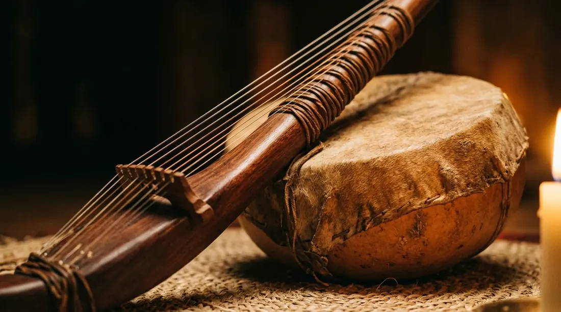 A traditional West African kora: calabash gourd body covered in cow hide, long wooden neck with twenty-one strings, warm candlelight.