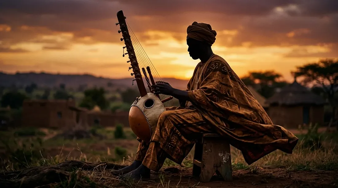 Silhouette of a jali playing a kora at dusk in front of a Malian village.