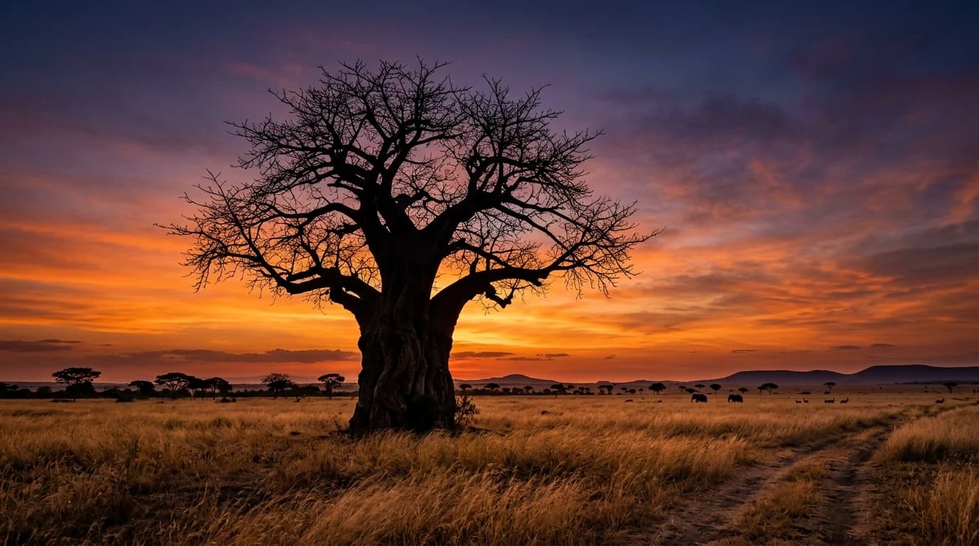 A massive baobab tree silhouette at sunset, deep orange and purple sky, golden savanna grass.