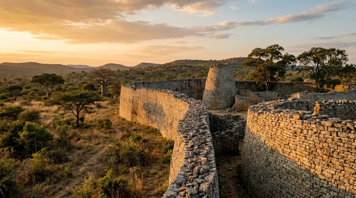 The ancient stone walls of Great Zimbabwe at golden hour, weathered granite blocks stacked without mortar.