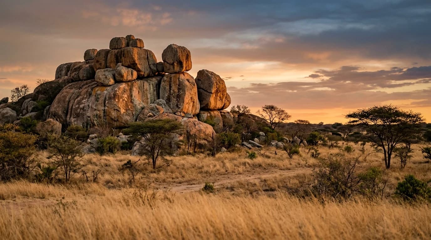 Zimbabwean granite kopje boulders at dusk, golden light on stone, dry savanna grass below.