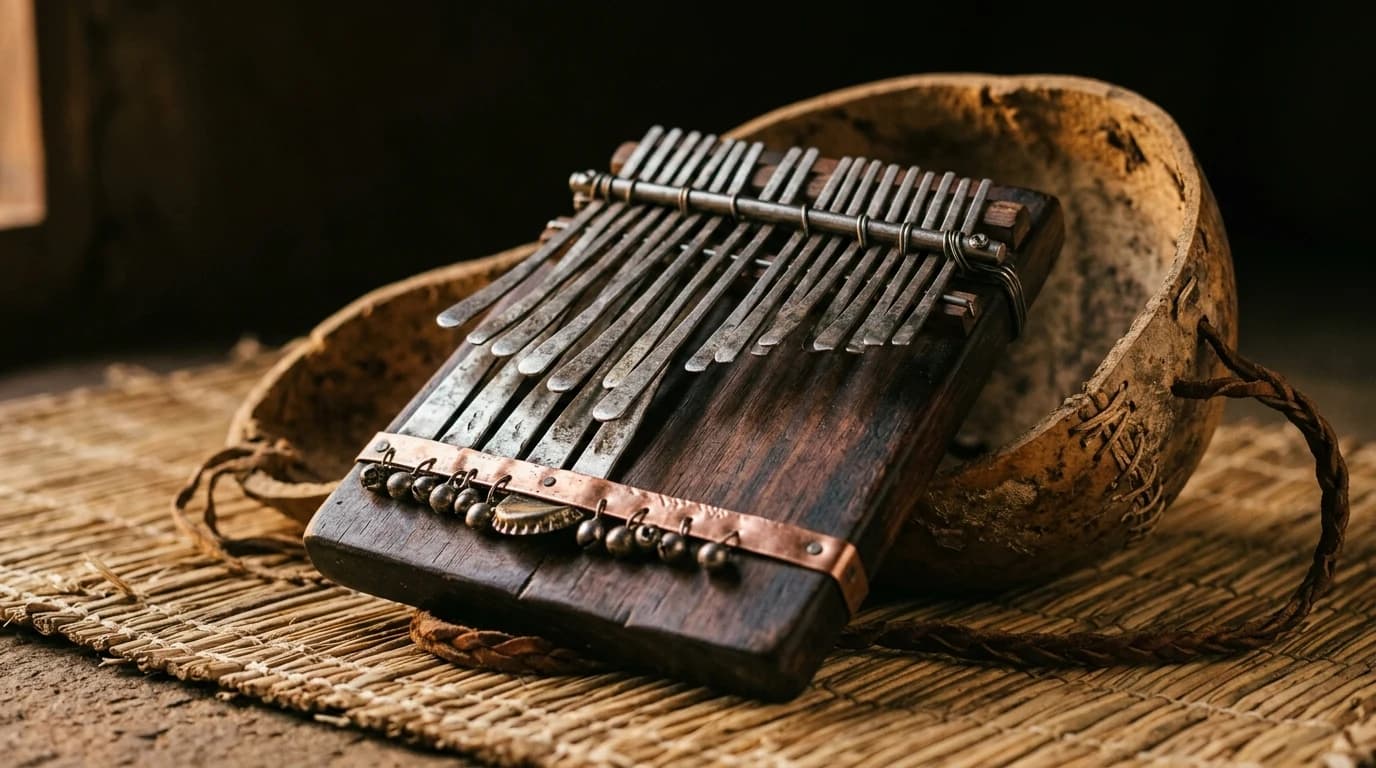 A traditional Shona mbira dzavadzimu with metal keys on a wooden soundboard, resting inside a large gourd resonator.