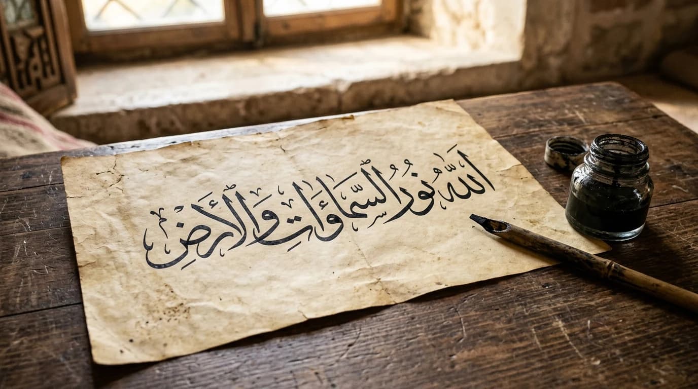 Ornate Arabic calligraphy of a Sufi verse, soft warm light catching the ink.