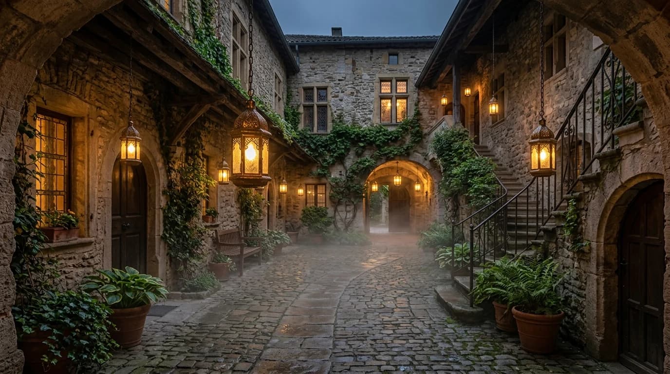A weathered Sufi stone courtyard at dusk with brass hanging lanterns glowing softly.
