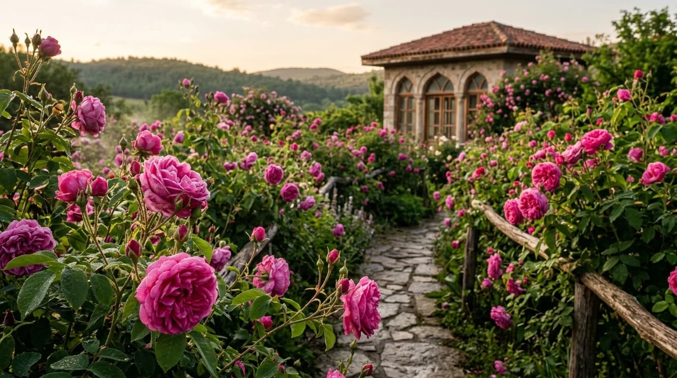 A walled Persian rose garden at twilight, soft warm light catching dewy roses.