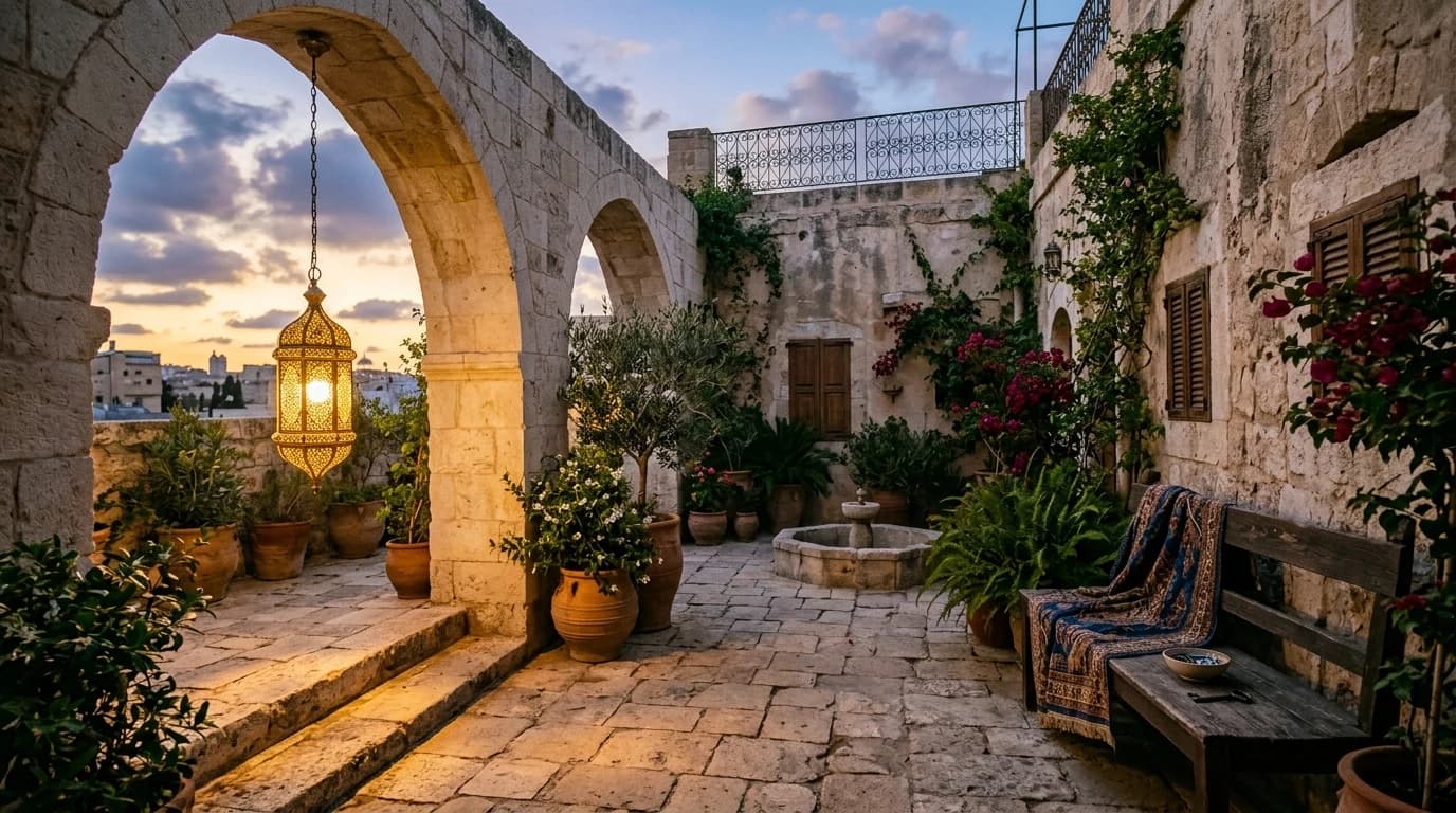 A quiet Levantine courtyard at dusk: pale stone arches, a hanging brass lantern, warm amber light pooling on the floor.