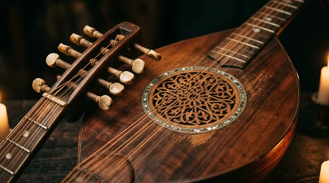 An Arabic oud resting on a low cushion in lamplight, its rosette soundhole and pear-shaped body catching warm shadows.