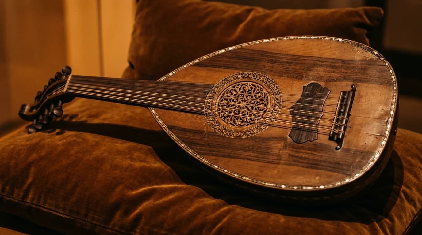 Close detail of an Arabic oud in warm lamplight, its pear-shaped body and ornate rosette soundhole visible.