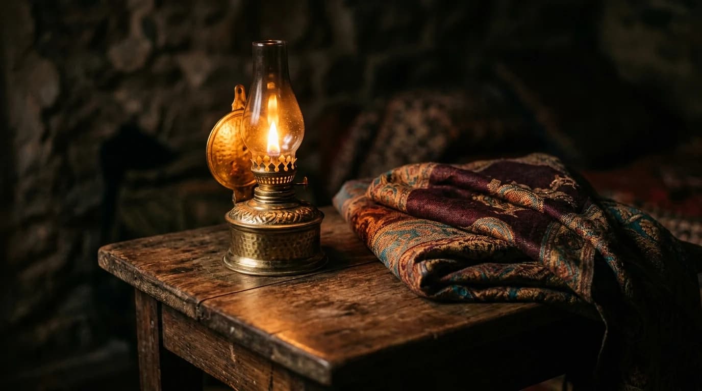 A small brass oil lamp burning on a low wooden table beside a folded silk shawl, late evening.