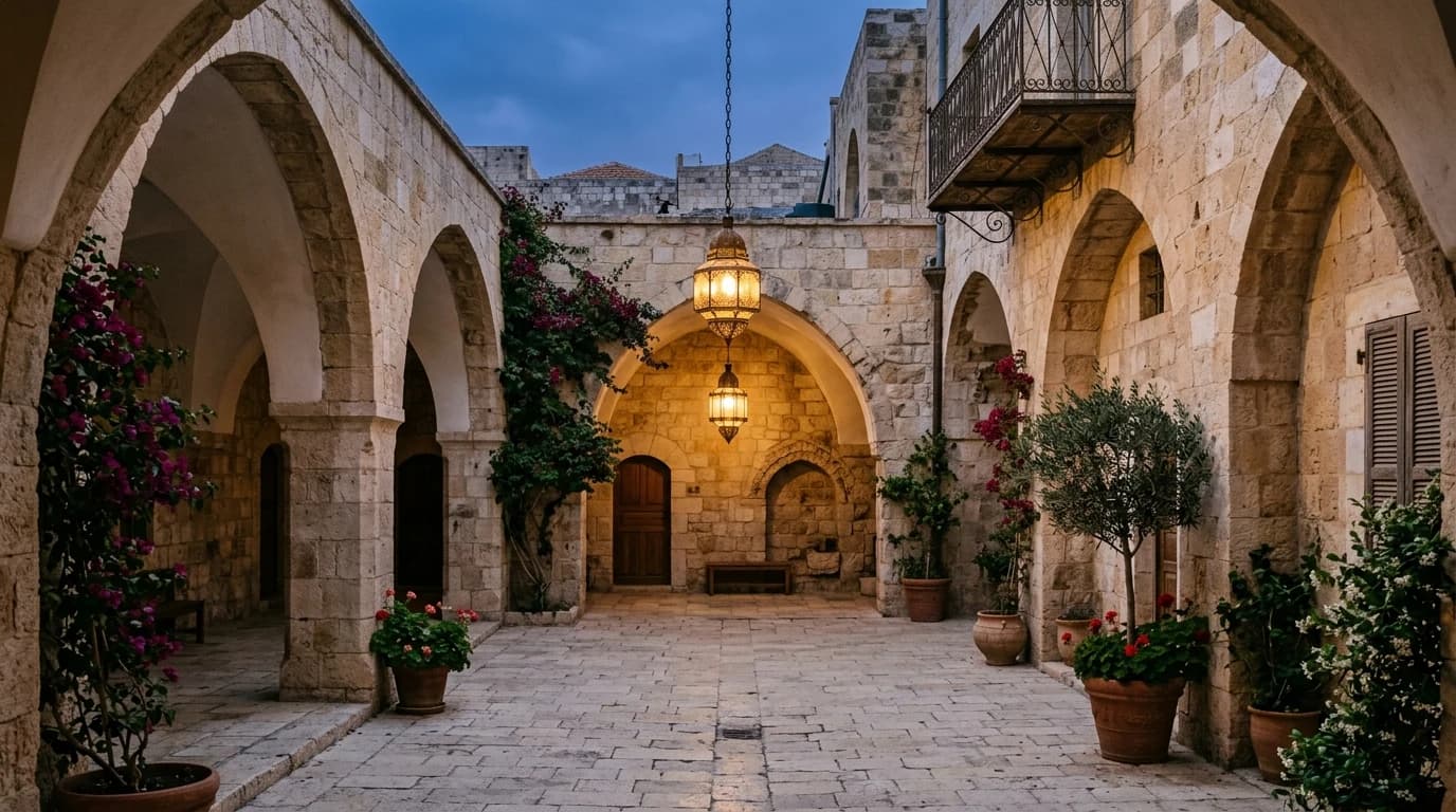 A quiet Levantine stone courtyard at dusk with a single brass hanging lantern glowing softly.