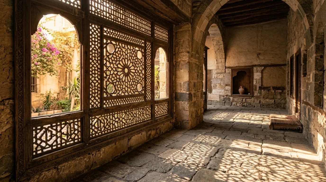 Carved wooden mashrabiya lattice window in an old Levantine house with soft warm late-afternoon light filtering through.