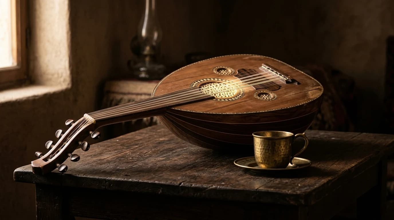 A single Arabic oud resting on a dark wooden table beside a small unlit brass coffee cup, soft warm side-light.