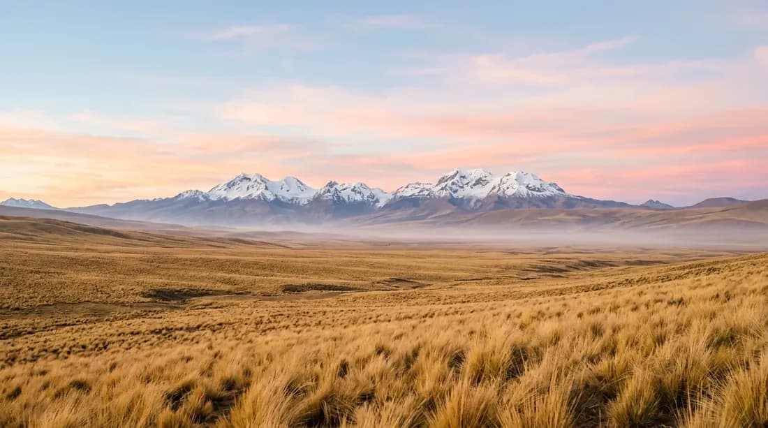 The Andean altiplano at dawn, golden ichu grasslands stretching to snow peaks.