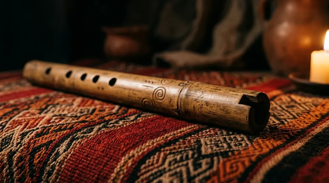 A traditional Andean quena flute resting on a handwoven textile, lit by warm candlelight.