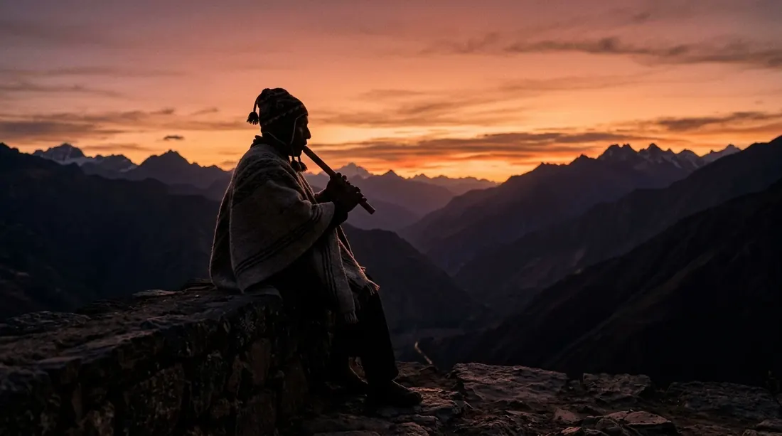 Silhouette of an Andean musician playing a quena against a fiery sunset in the Andes.