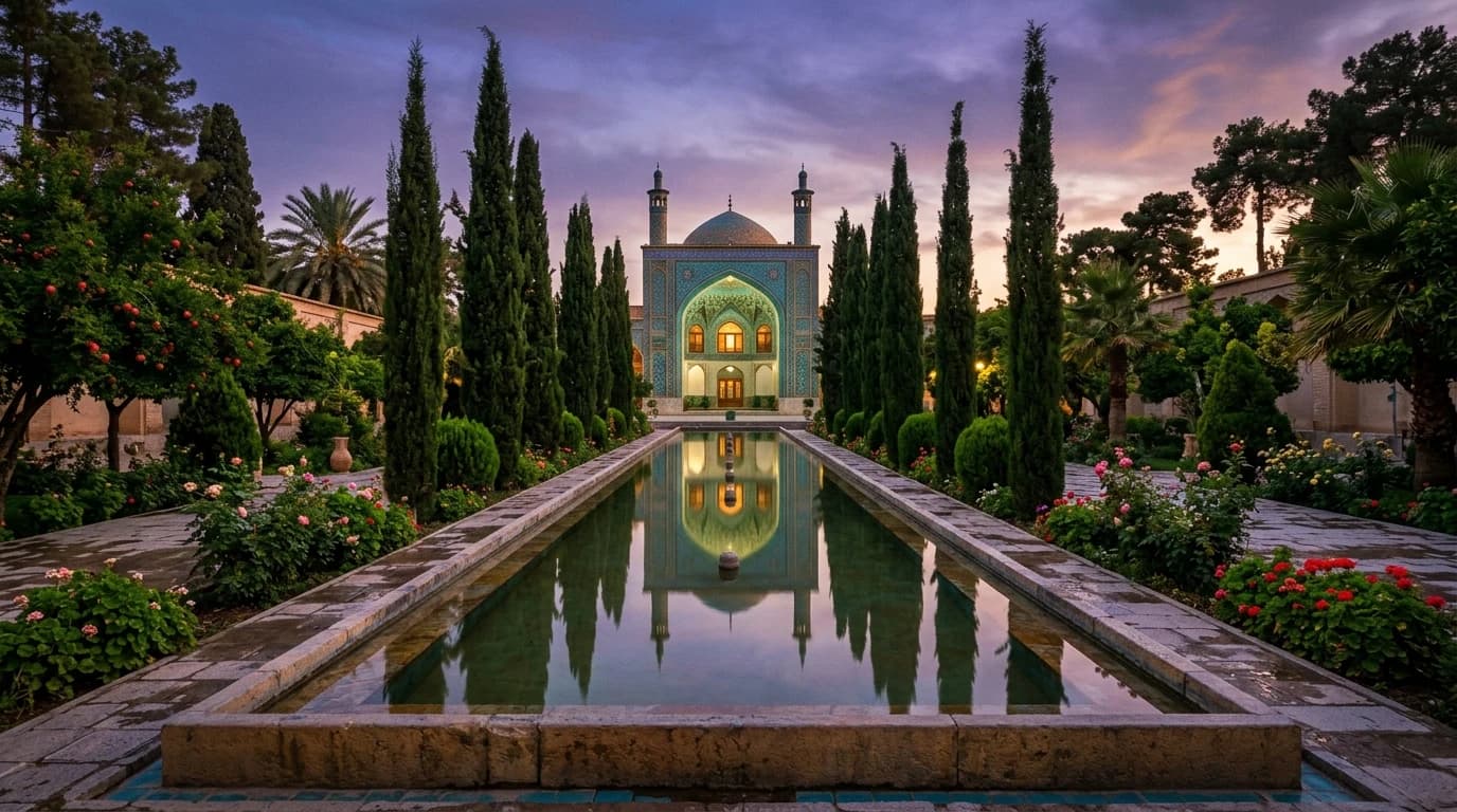 A traditional Persian garden at twilight: long reflecting pool flanked by cypress trees, an ornate turquoise-tiled archway in the distance, deep purple-blue sky.