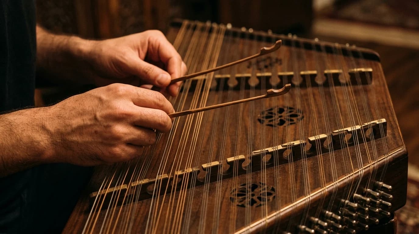 Close-up of two hands holding tiny wooden mezrab hammers between the fingers, poised above a santur's strings in warm lamplight.