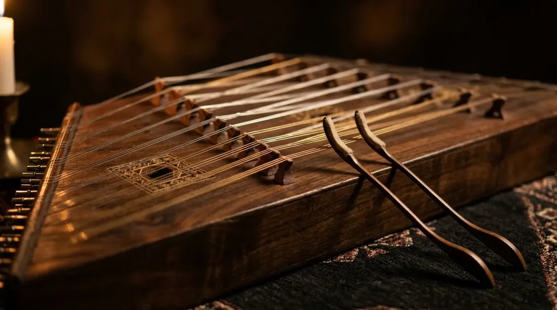 A Persian santur resting on a wooden table, its seventy-two strings catching candlelight across two rows of small wooden bridges.