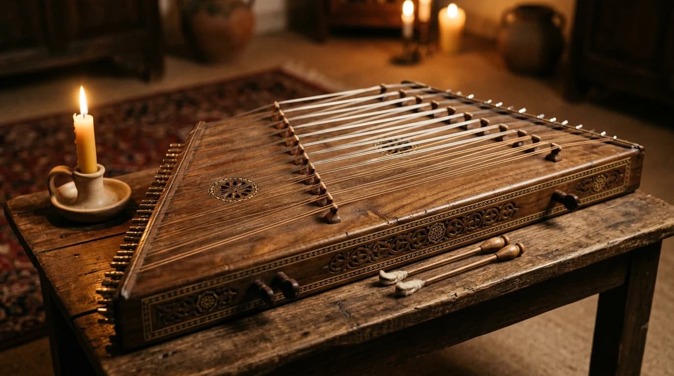 A Persian santur in candlelight: trapezoidal walnut body, seventy-two strings stretched over two rows of wooden bridges, two small wooden mezrab hammers resting at the rim.
