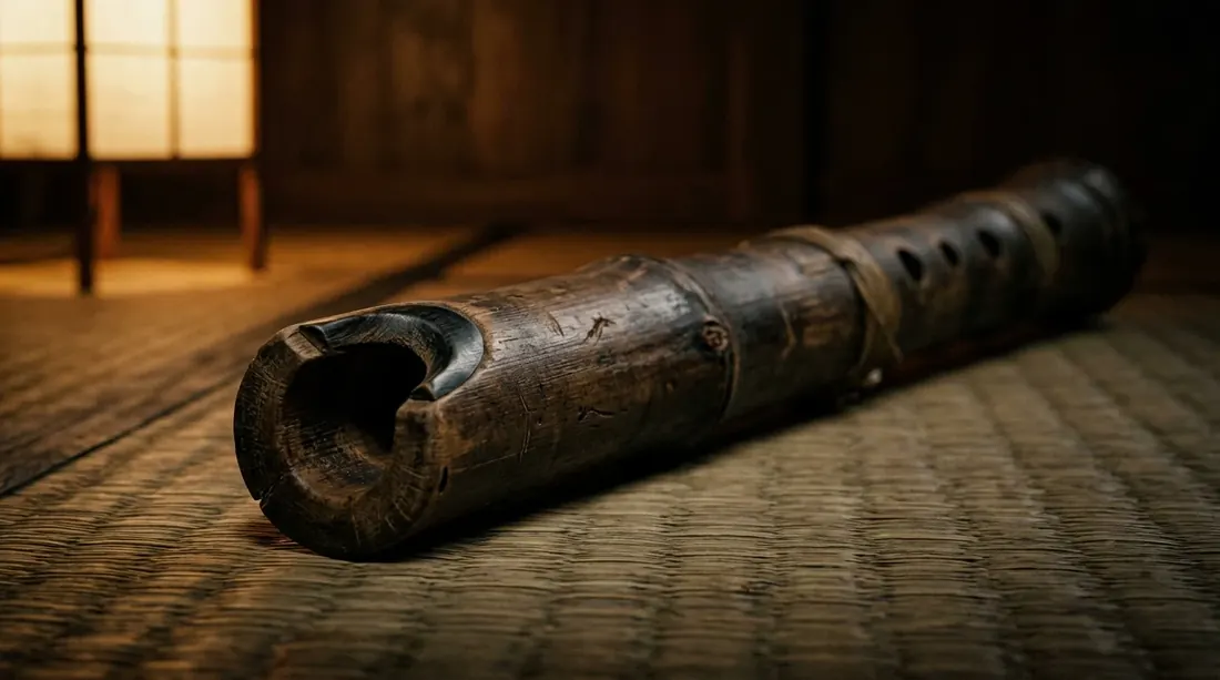 A weathered shakuhachi bamboo flute resting on a tatami mat, lit by a paper lantern.