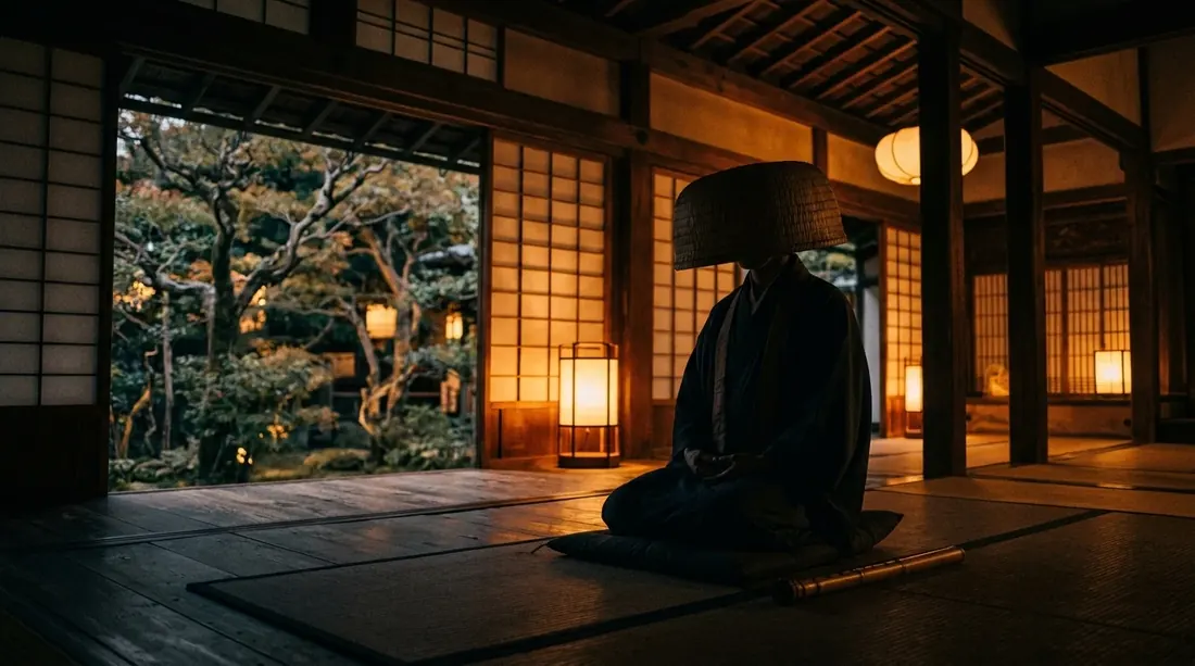 A seated komusō monk wearing a traditional straw basket headdress inside a wooden Kyoto temple at dusk.