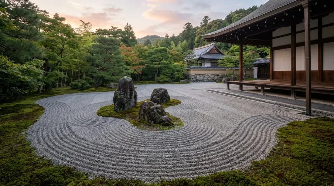 A Japanese Zen rock garden at dawn, raked gravel concentric around three stones.